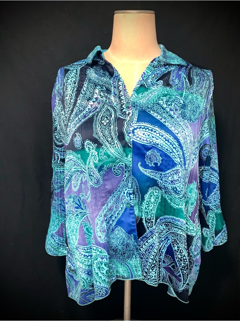 Jaclyn Smith XXL Paisley Blouse Blue Green Button Front Top